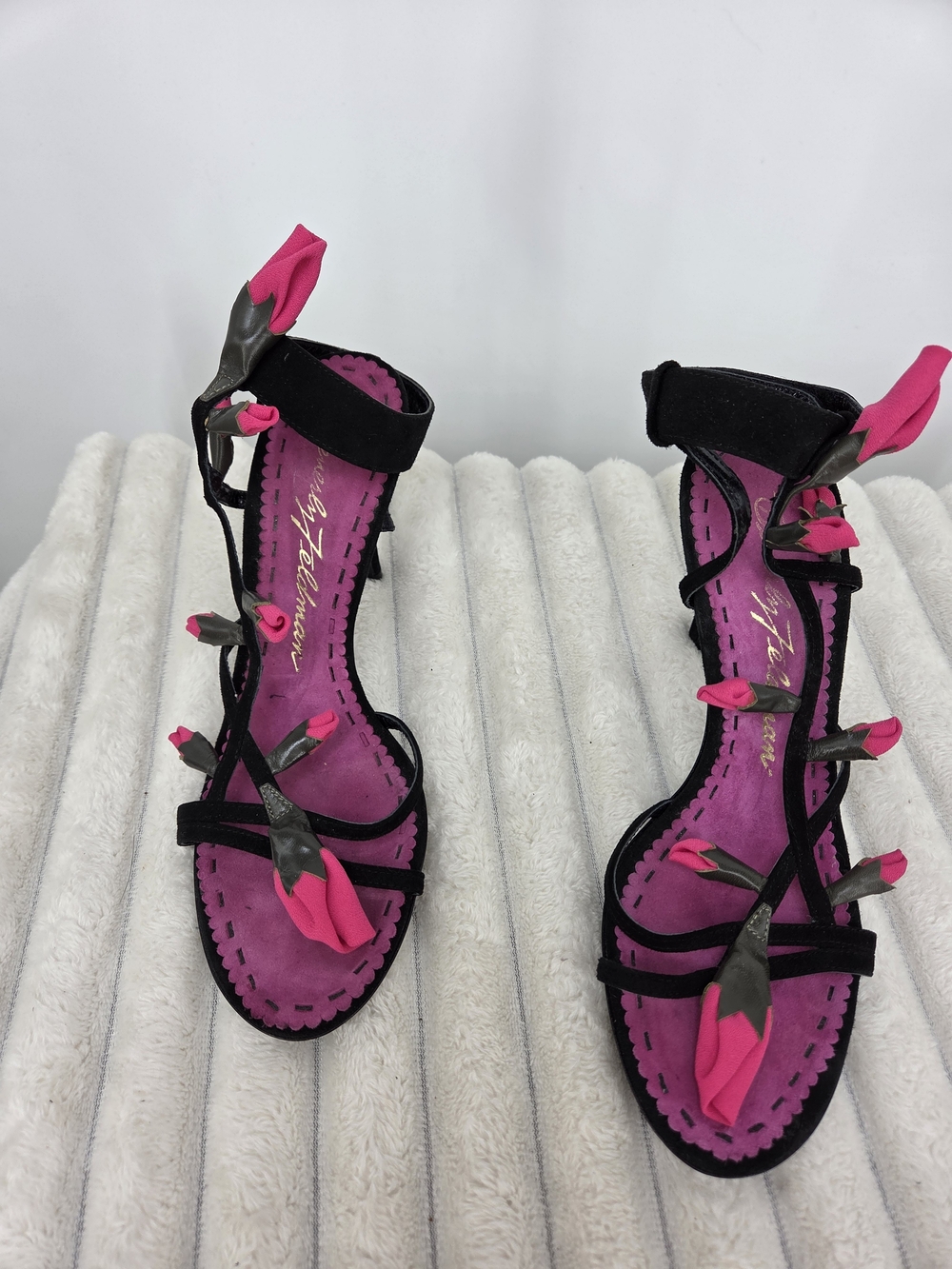 Beverly Feldman Black and Hot Pink Floral Petal Strappy Heels